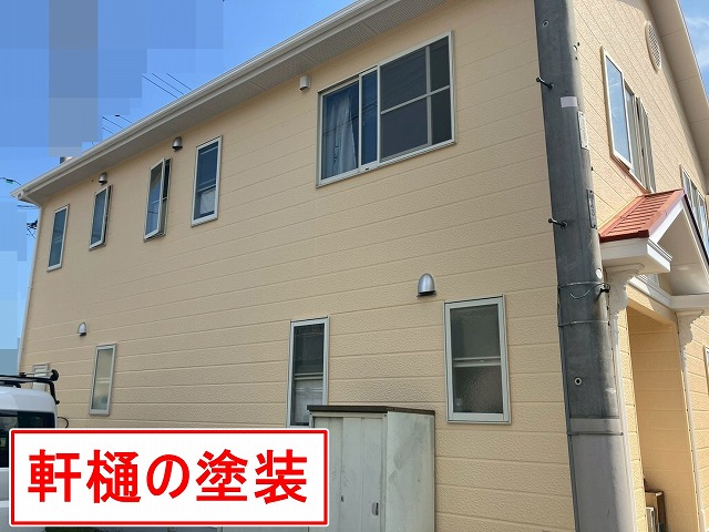 山梨市で雨樋(軒樋)をファインSiで塗装する様子