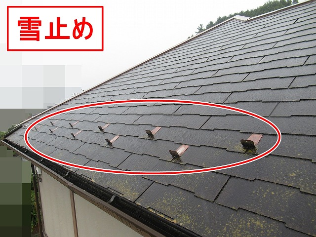 西八代郡市川三郷町で苔の広がるノンアスベスト屋根（ザルフグラッサ）、錆びた雪止め