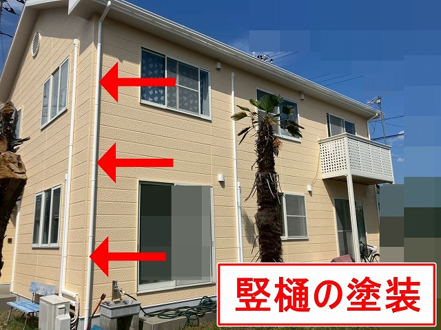 山梨市で雨樋(竪樋)をファインSiで塗装する様子