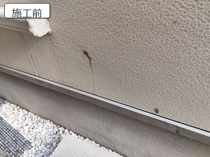八尾市太子堂H様邸 施工前の外壁下部 苔・汚れの付着状況