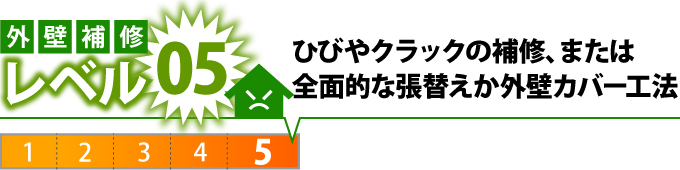 外壁補修レベル5ひびやクラックの補修、または全面的な張替えか外壁カバー工法
