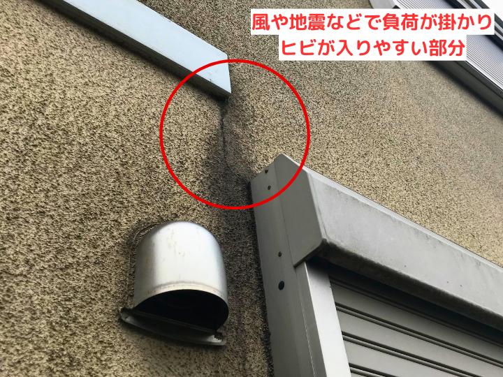 風や地震などで負荷が掛かりヒビが入りやすい部分